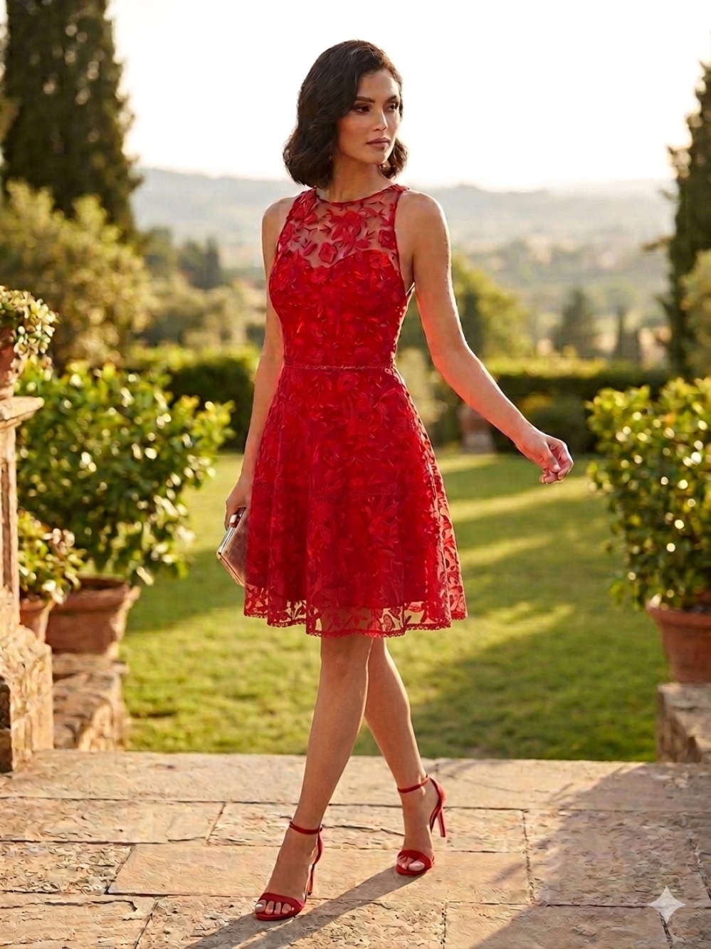 DB STUDIO Illusion Lace Halter A-Line Red Floral Mini Dress Sz12 David’s Bridal
